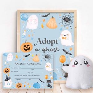 Ghost Adoption Center Sign and Certificate Adopt A Ghost Blue Birthday Party Game Halloween Party Game Hey Boo Adoption Certificate CG9