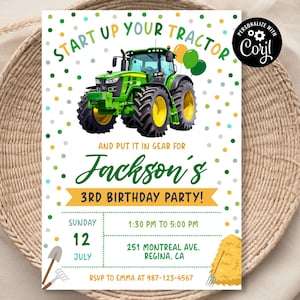 Bearbeitbare Traktor-Einladung Grüner Traktor-Geburtstags-Einladung Grüner Traktor-Einladung Traktor einladen Traktor 3. Geburtstag Traktoren-Party