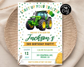 Tractor Birthday Invitation, Green Farm Party (Digital Download)