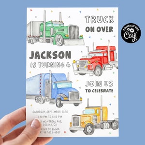 Bearbeitbare Junge LKW Einladung Semi Truck Geburtstag Sofortiger Download Semi Truck Party Bunte Sattelanhänger laden ein Druckbare Junge Einladungen