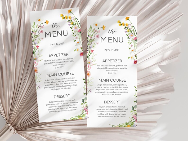 Wildflower Wedding Menu Card Template Boho Floral Wedding Menu Wild ...