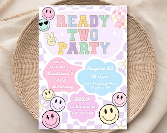 Retro 2nd Birthday Invitation Girl, Smile Face, Groovy Babe (Digital Download)