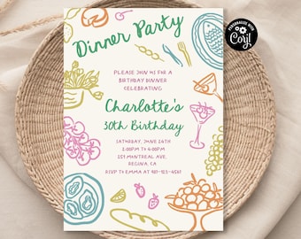 Chic Birthday Hand Drawn Invite Retro Invitation Whimsical Birthday Adult Party Dinner Party Scribble Invitation 30th 40th 50th Birthday