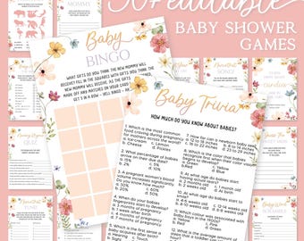 Könnte beinhalten: Ein Satz druckbarer Babyparty-Spiele mit floralen Illustrationen. Die Spiele beinhalten Baby Bingo, Baby Trivia, Guess the Sweet Mess, Name That Tune und Baby Word Scramble.