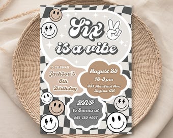 Sjabloon verjaardagsuitnodiging Groovy 'Six is a Vibe' (digitale download)