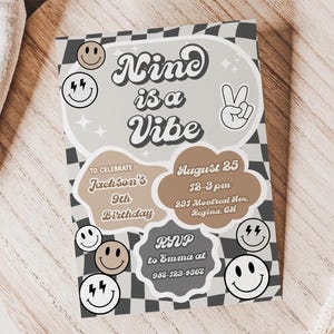 Nine Is A Vibe Birthday Invitation Template Groovy Boy 9th Birthday Invite Smile Face Invite Preppy Groovy Boys Party Nine Year Old 9 years