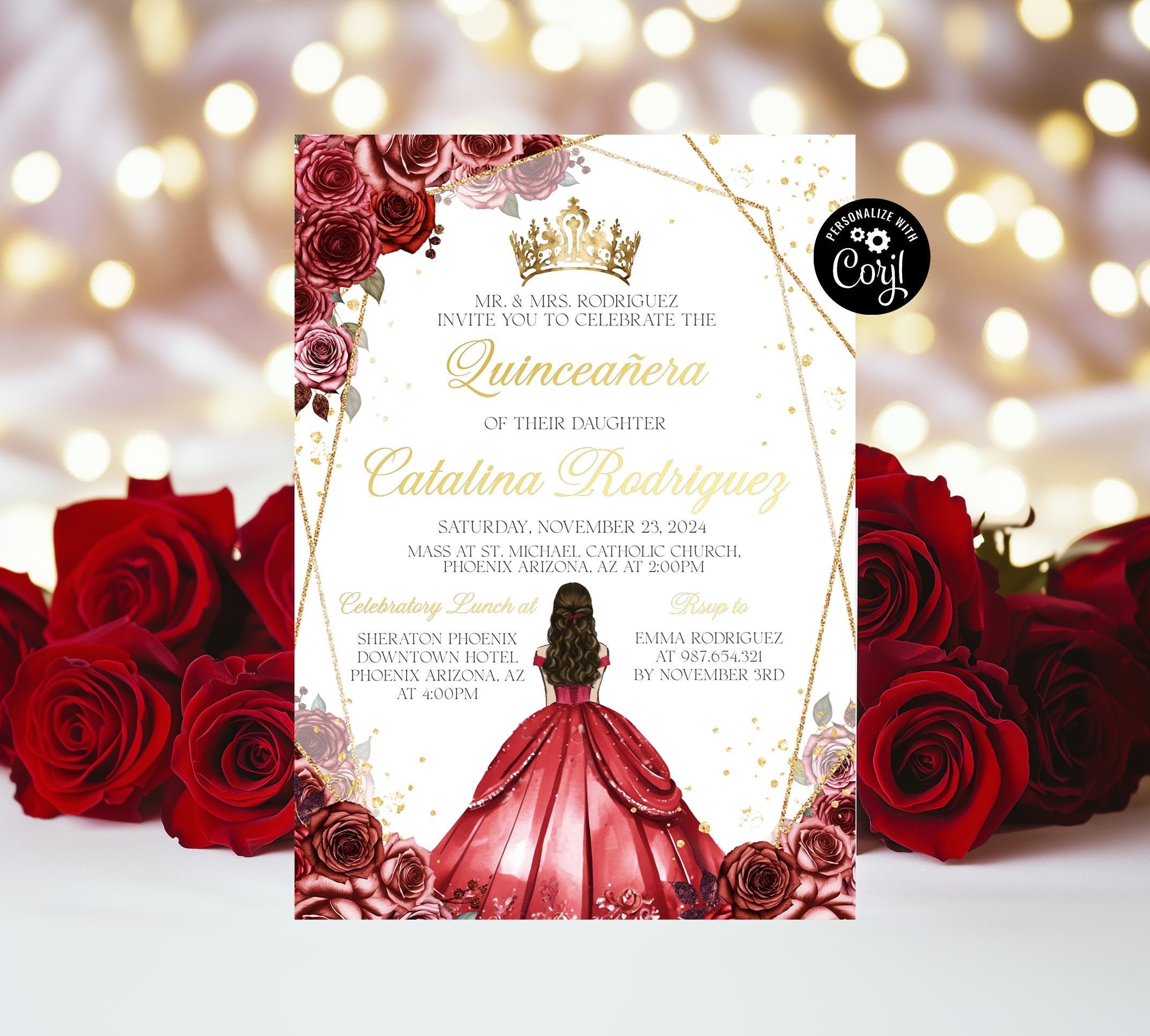 Quinceañera Invitation TEMPLATE Burgundy Red Floral Gold Tiara Quince Girl 15 XV Sweet 16 Birthday Invite Quinceanera Invitation Mis Quince