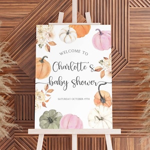 Little Pumpkin Baby Shower Welcome Sign Pink Pumpkin Fall Baby Shower Welcome Poster Girl Floral Pumpkin Baby Shower Fall Decorations P13