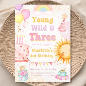Young Wild And Three Invitation Template Girl 3rd Birthday Invite Spring Party Invite Retro 3 Year Old Third Birthday Toddler Birthday YW3
