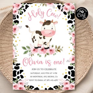 Bewerkbare Heilige koe, ik ben één heilige koe uitnodiging Heilige koe verjaardag 1e verjaardag uitnodigen meisje Barnyard partij digitale download koe uitnodiging C2
