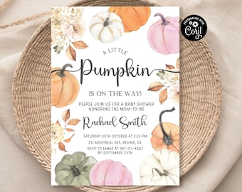 May include: A white baby shower invitation with a watercolor illustration of pumpkins and fall foliage. The text reads "A Little Pumpkin is on the Way!" and includes the date, time, and location of the event.