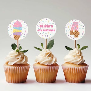 Editable Ice Cream Birthday Cupcake Toppers 4th Birthday Cupcake Fourth Birthday Party Cupcake Label Template Ice cream Favor Tags IC1