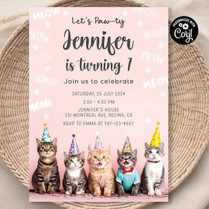 Faire-part d'anniversaire modifiable pour chat, invitation imprimable pour chaton, invitation numérique, invitations pour animaux de compagnie, modèle de carte modifiable pour enfants à téléchargement immédiat