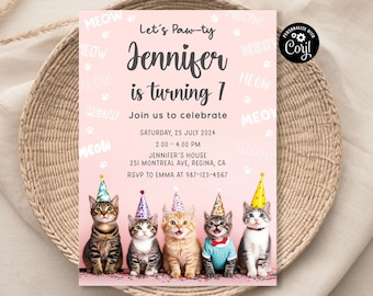 Invito di compleanno per gatti modificabile, invito per gattini stampabile, invito digitale, inviti per animali domestici, modello per bambini modificabile, biglietto da scaricare immediatamente