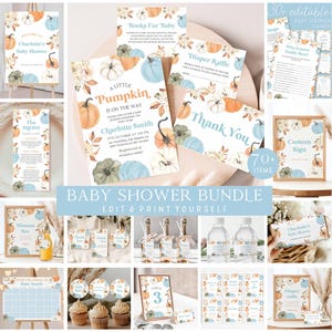 Blue Pumpkin Baby Shower Bundle Editable Fall Baby Shower Set Fall Bundle Boy Baby Shower Suite Little Pumpkin Bundle Autumn Invitation P14