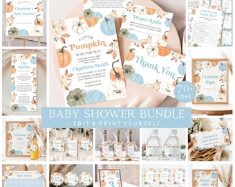 Blue Pumpkin Baby Shower Bundle Editable Fall Baby Shower Set Fall Bundle Boy Baby Shower Suite Little Pumpkin Bundle Autumn Invitation P14