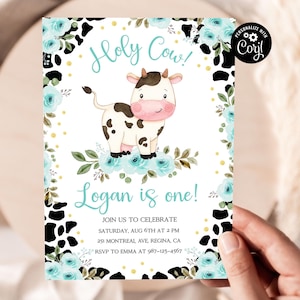 Bewerkbare Heilige koe, ik ben één heilige koe uitnodiging Heilige koe verjaardag 1e verjaardag uitnodigen meisje Barnyard partij Teal bloemen uitnodigen koe uitnodiging