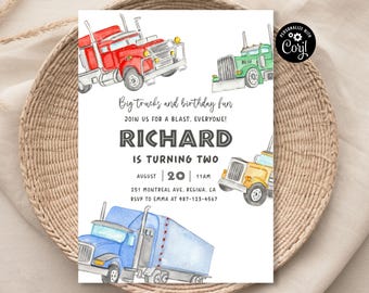 May include: A birthday invitation for a boy named Richard turning two. The invitation features a watercolor illustration of four colorful trucks and the text "Big trucks and birthday fun. Join us for a blast, everyone! Richard is turning two. August 20 | 11AM. 251 Montreal Ave, Regina, CA. RSVP to Emma at 987-123-4567."