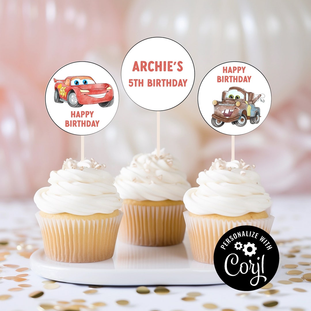 Bearbeitbares Set mit 9 Autos Cupcake Toppers Vorlage Druckbare Party