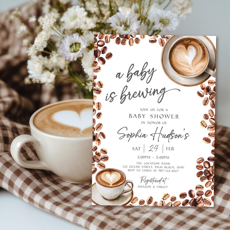 Baby Is Brewing Shower Invitation, Coffee Latte Theme (Editable Canva Template, Instant Download) image 3
