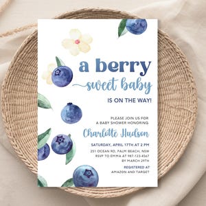 Editable Blueberry Baby Shower Invitation Berry Sweet Blueberry Baby Shower Invite Blueberries Shower Blueberry Invite Baby Berry Sweet BB2