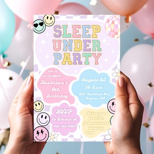 Invitación editable para fiesta de cumpleaños de Sleepunder, parche universitario preppy para adolescentes, letra Sleepunder, fiesta de pijamas para fiestas tardías, pijamas para fiestas