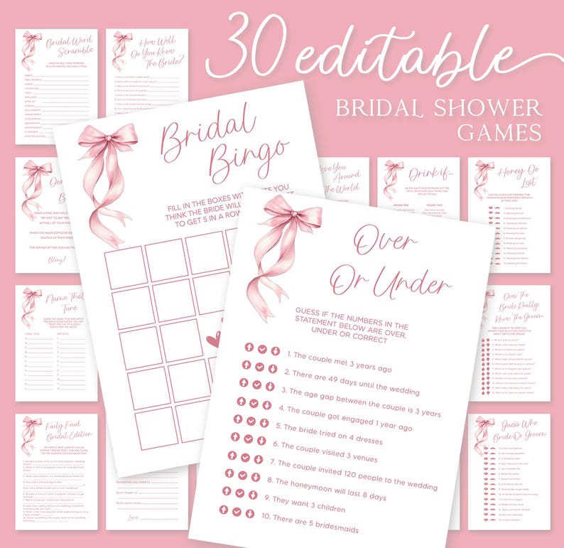 She's Tying The Knot Bridal Shower Games Bundle Pink Bow Bridal Games Bundle Printable Games Set Pink Ribbon Bow Bridal Games Package B12