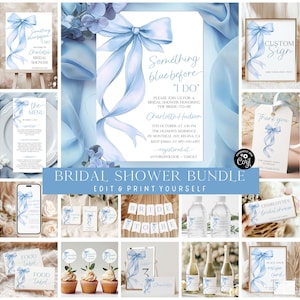 May include: A printable bridal shower bundle with a blue and white color scheme. The bundle includes invitations, thank you tags, food labels, cupcake toppers, water bottle labels, and more. The design features a watercolor illustration of a blue ribbon bow.