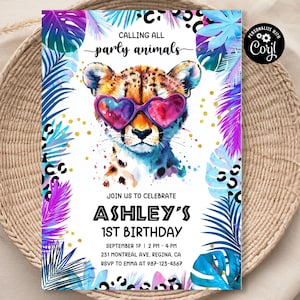 Watercolor Safari Birthday Invitation Party Animals Birthday Invitation Leopard Jungle Theme Safari Party Girl Invite Cheetah Invitation