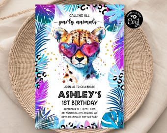 May include: A colorful invitation with a cheetah wearing heart-shaped sunglasses. The invitation is for Ashley's 1st birthday party. The text reads "Calling all party animals" and "Join us to celebrate Ashley's 1st Birthday".