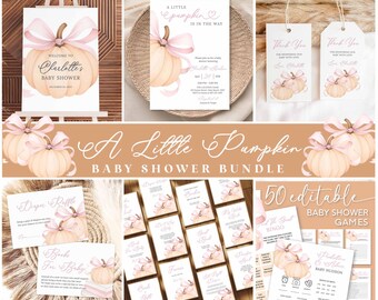 Fall Baby Shower Bundle, Pink Bow Pumpkin Invitation Pack (Editable Download)
