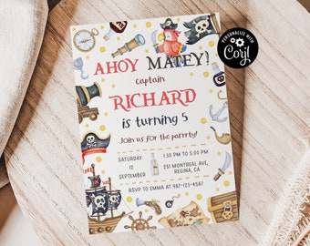 Puede incluir: Ahoy Matey! Una invitación colorida para una fiesta de cumpleaños con temática pirata para el Capitán Richard, que cumple 5 años. La invitación presenta un barco pirata, un loro, un cañón, un cofre del tesoro y otras imágenes con temática pirata. La invitación incluye la fecha, la hora y la ubicación de la fiesta, así como un contacto para RSVP.