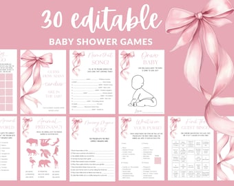Rosa Bogen-Babyparty-Spiele Druckbare rosa Bögen Mädchen-Babyparty-Spiele-Bundle Rosa Schleife-Minimalist-Baby-Party-Spiele-Pack B13