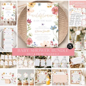 Wildflower Baby Shower Bundle Editable Wild Flower Baby Shower Set Girl Floral Boho Baby Shower Suite Baby In Bloom Bundle Package WF4 image 1