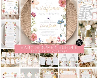 Wildflower Baby Shower Bundle Editable Wild Flower Baby Shower Set Girl Floral Boho Baby Shower Suite Baby In Bloom Bundle Package WF4