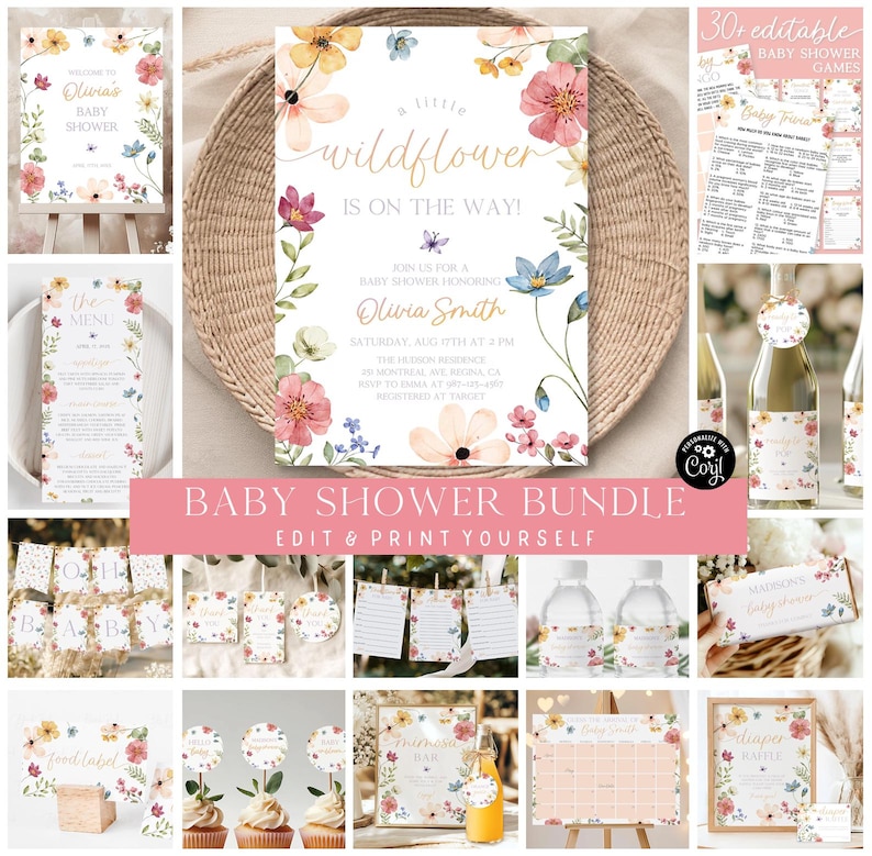 Wildflower Baby Shower Bundle Editable Wild Flower Baby Shower Set Girl Floral Boho Baby Shower Suite Baby In Bloom Bundle Package WF4 image 1
