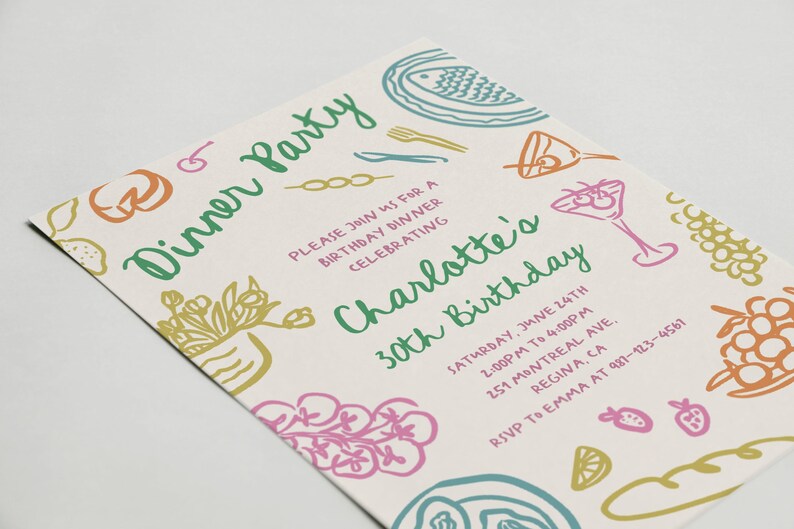 May include: A colorful invitation for a 30th birthday dinner party. The invitation features a hand-drawn illustration of food and drinks, including grapes, bread, and cocktails. The text reads "Dinner Party" and "Please join us for a birthday dinner celebrating Charlotte's 30th Birthday". The invitation also includes the date, time, and location of the party.