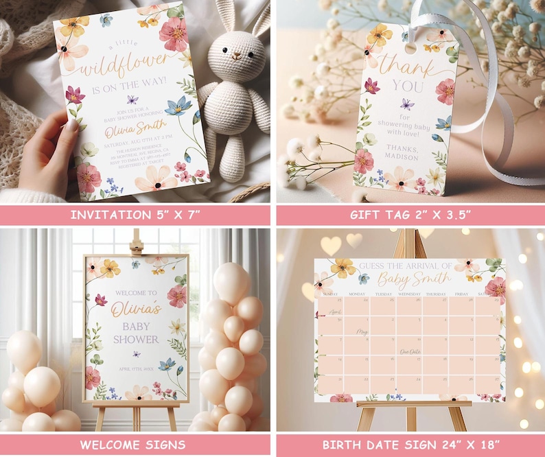 Wildflower Baby Shower Bundle Editable Wild Flower Baby Shower Set Girl Floral Boho Baby Shower Suite Baby In Bloom Bundle Package WF4 image 2