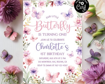 EDITABLE Butterfly Birthday Butterfly Invitation 1st Birthday Invite First Birthday Invitation Butterfly Birthday Girl Butterfly Party