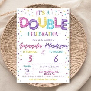 K&ouml;nnte beinhalten: Eine farbenfrohe Einladung zu einer Doppelfeier. Es ist eine Doppelfeier f&uuml;r Amanda, die 3 Jahre alt wird, und Madison, die 6 Jahre alt wird. Die Einladung ist mit Konfetti verziert und hat ein helles Farbschema in Pink, Gelb, Blau und Lila. Die Veranstaltung findet am Sonntag, den 12. Juli von 13:30 Uhr bis 17:00 Uhr in der 251 Montreal Ave, Regina, CA statt. RSVP an Emma unter 987-123-4567.