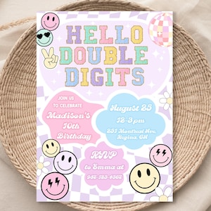Plantilla de invitación de cumpleaños de dos dígitos, genial invitación para décimo cumpleaños, de un solo dígito, para niña adolescente, con parche universitario, letra DD2