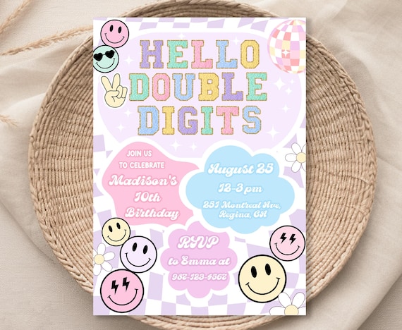 Hello Double Digits Birthday Invitation Template Groovy 10th Birthday Invite Out Single Digits Girl Teen Invite Varsity Patch Letter DD2