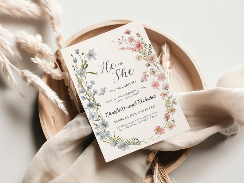 Wildflower Gender Reveal Invitation, Spring Floral Design (Digital Download) image 3