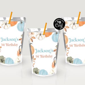 May include: Three clear plastic pouches with a white background and a fall-themed design. The pouches have a straw sticking out of the top and feature a watercolor design of pumpkins, leaves, and flowers. The text "Jackson's 1st Birthday" is printed on each pouch.