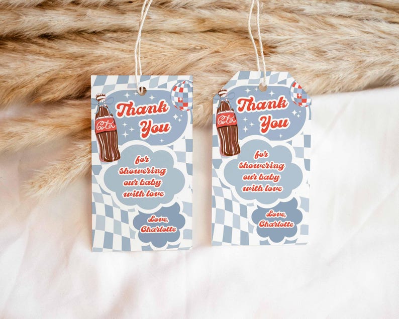 May include: Two rectangular gift tags with a retro design. Each tag features a brown soda bottle, the words "Thank You," and the message "for showering our baby with love." The tags are light blue with a checkered pattern.