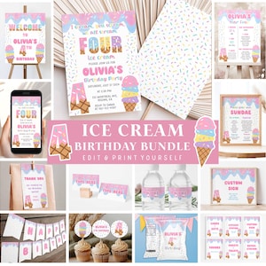 May include: An ice cream-themed birthday party bundle featuring invitations, signs, and decorations. The design includes pastel colors, ice cream cones, and the text "Olivia's 4th Birthday." The bundle is designed for editing and printing.