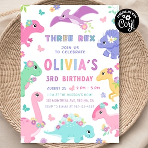 EDITABLE DINOSAUR BIRTHDAY Invitation Girl Three Rex Party Invitations Digital Dino Invitation Three-Rex Dinosaur Invite Girl Dinosaur Party