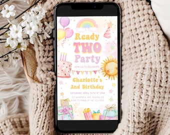 Girl's 2nd Birthday Invitation Template, Retro Rainbow (Digital Download)