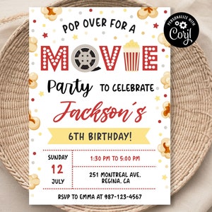 Editable Movie Birthday Invitation Printable Digital Kids Party Cinema Birthday Party Invites Backyard Invitation Movie Ticket Invitation