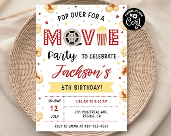 May include: A white invitation with red and yellow accents for a movie-themed party to celebrate Jackson's 6th birthday. The invitation features a red and white popcorn bucket, a film reel, and the text "Pop Over for a Movie Party to Celebrate Jackson's 6th Birthday!" The invitation also includes the date, time, and location of the party.